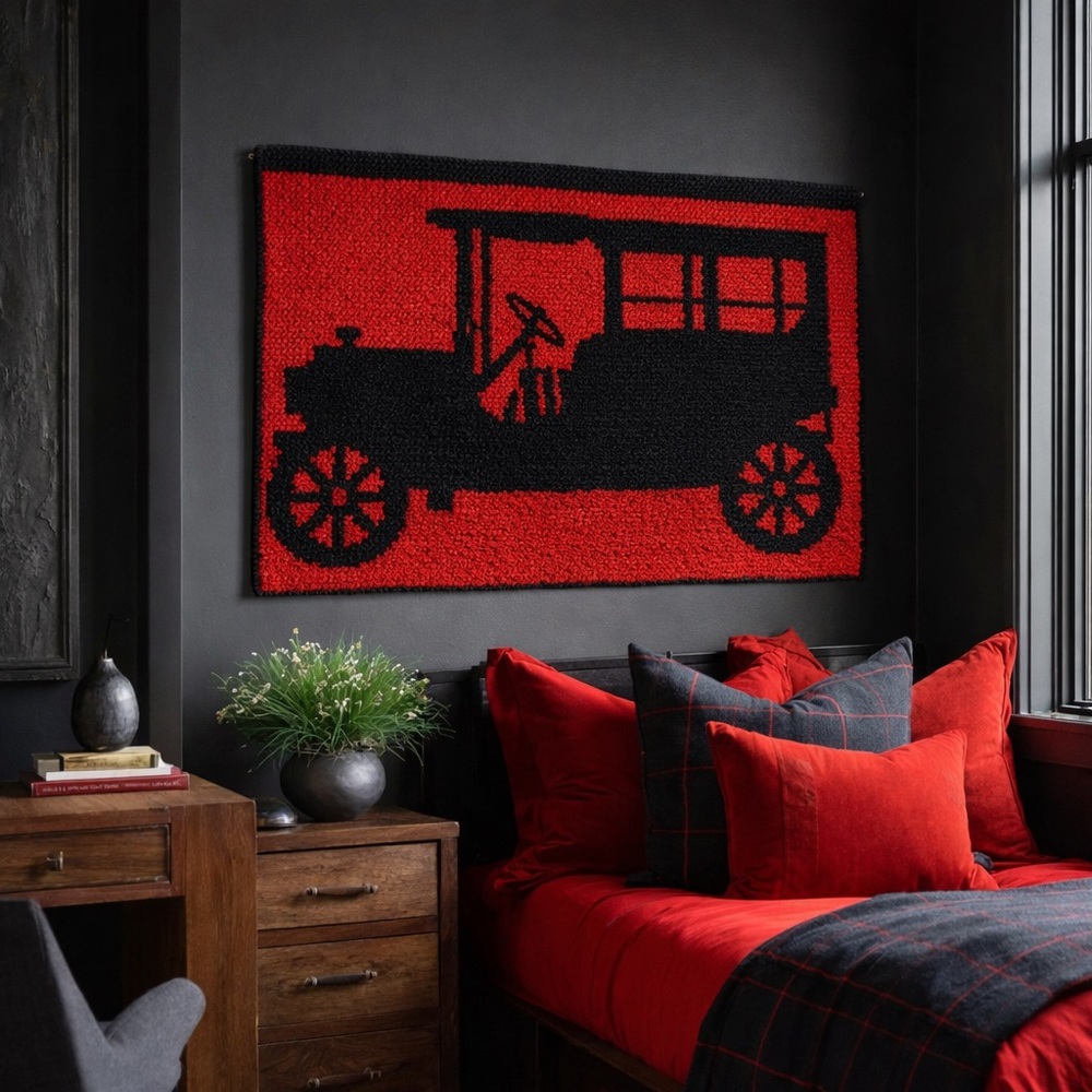 Vintage Latch Hook Rug Wall Hanging 36x24 Antique Car Red Black Textile Art